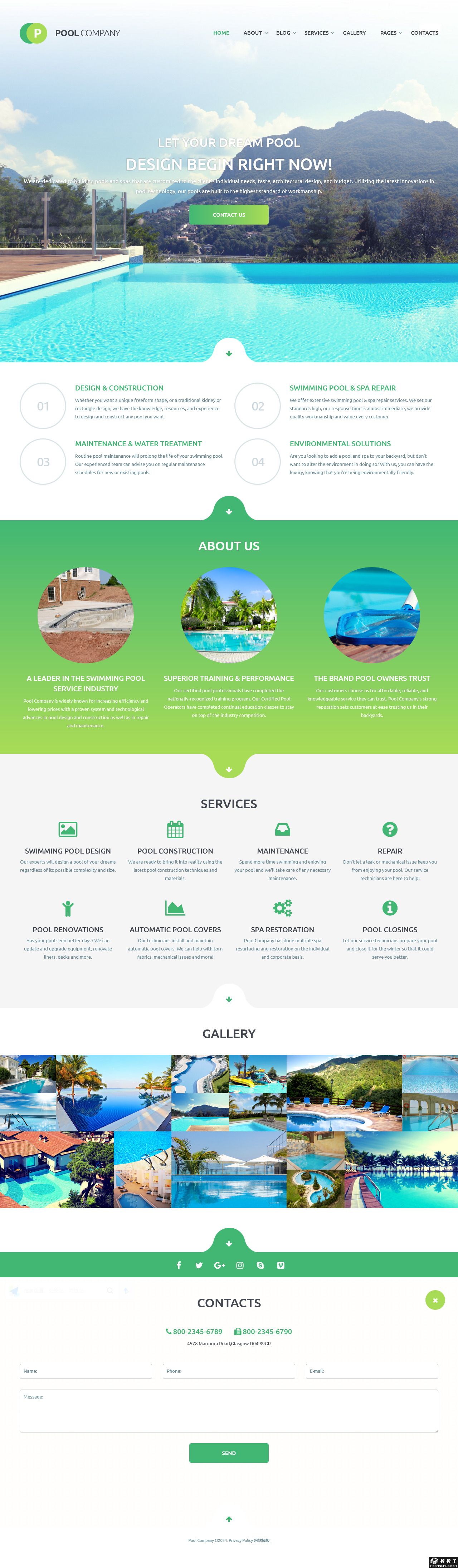 泳池设计建造与维护解决方案网站模板-PC预览