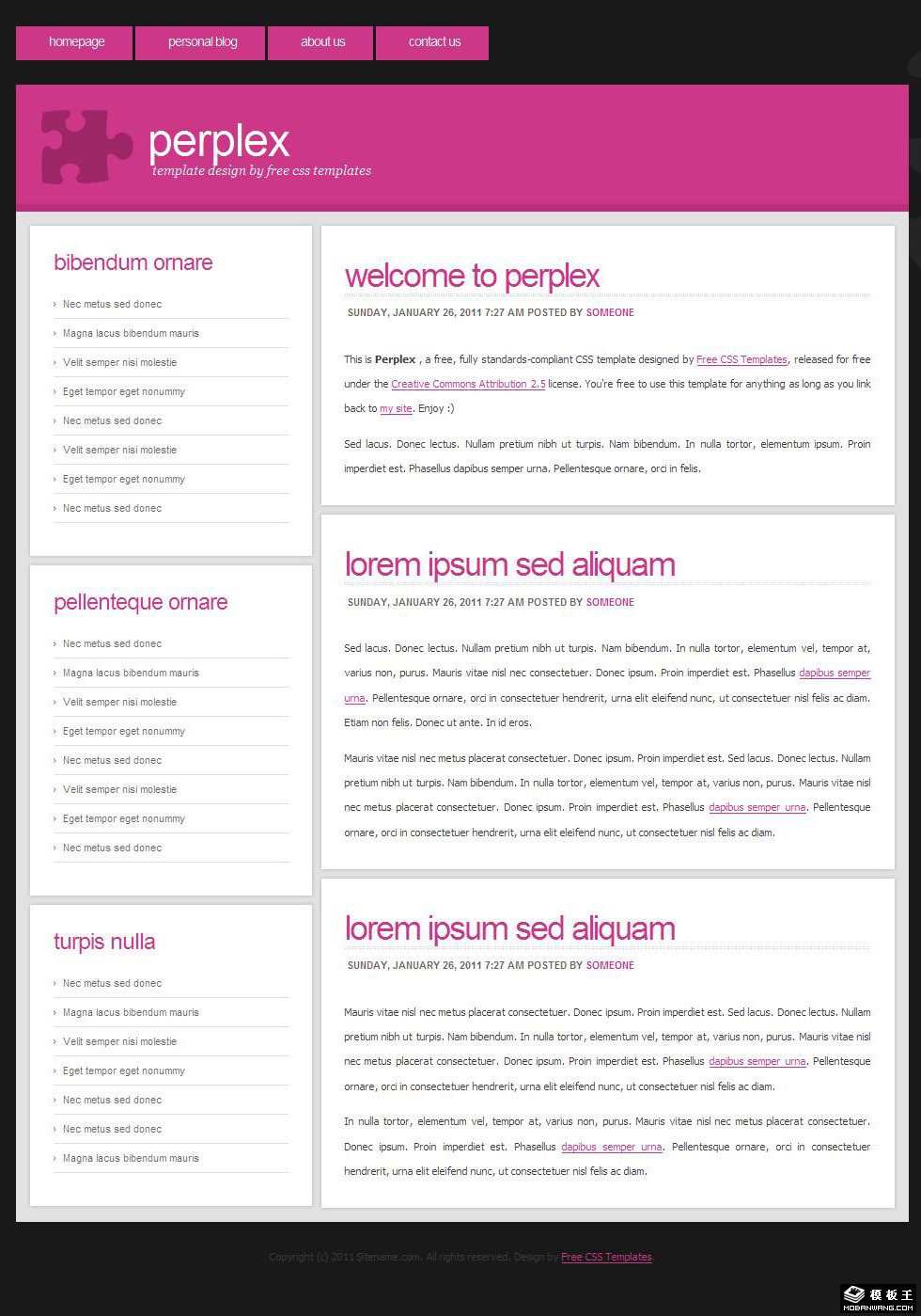 水红色拼图BLOG网页模板-PC预览