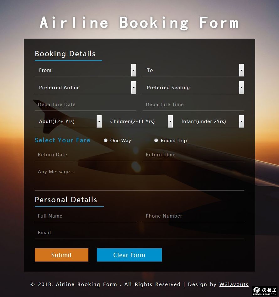 航空信息登记表单响应式网页模板-PC预览