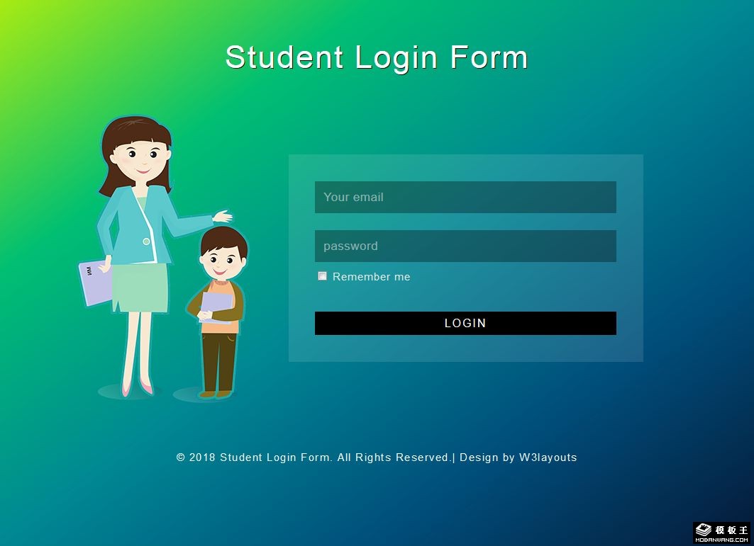蓝绿渐变学生登录表单网页模板-PC预览